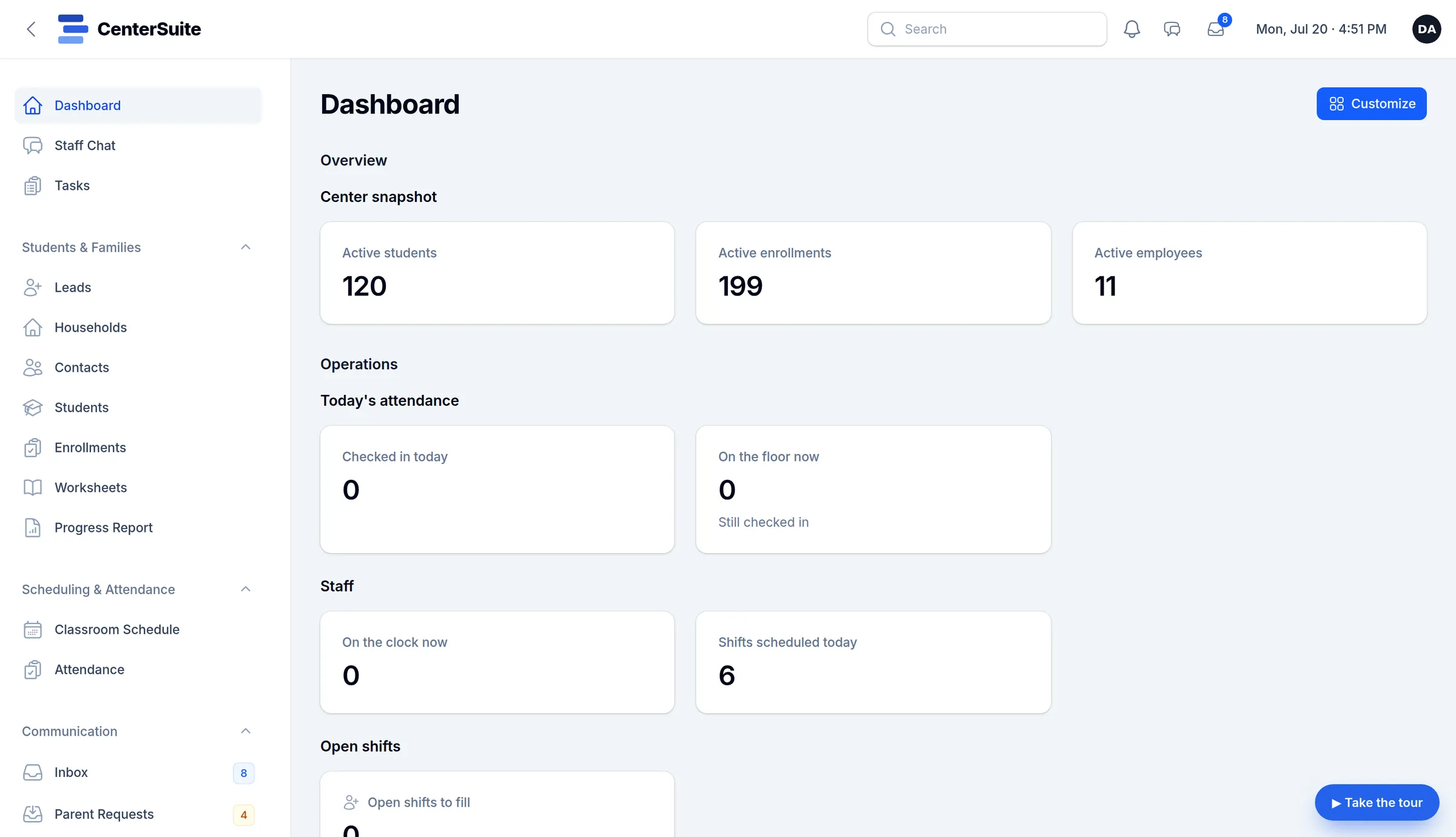 The CenterSuite staff dashboard, with counts of active students, enrollments and employees, today’s attendance and staff on the clock, beside the full menu.