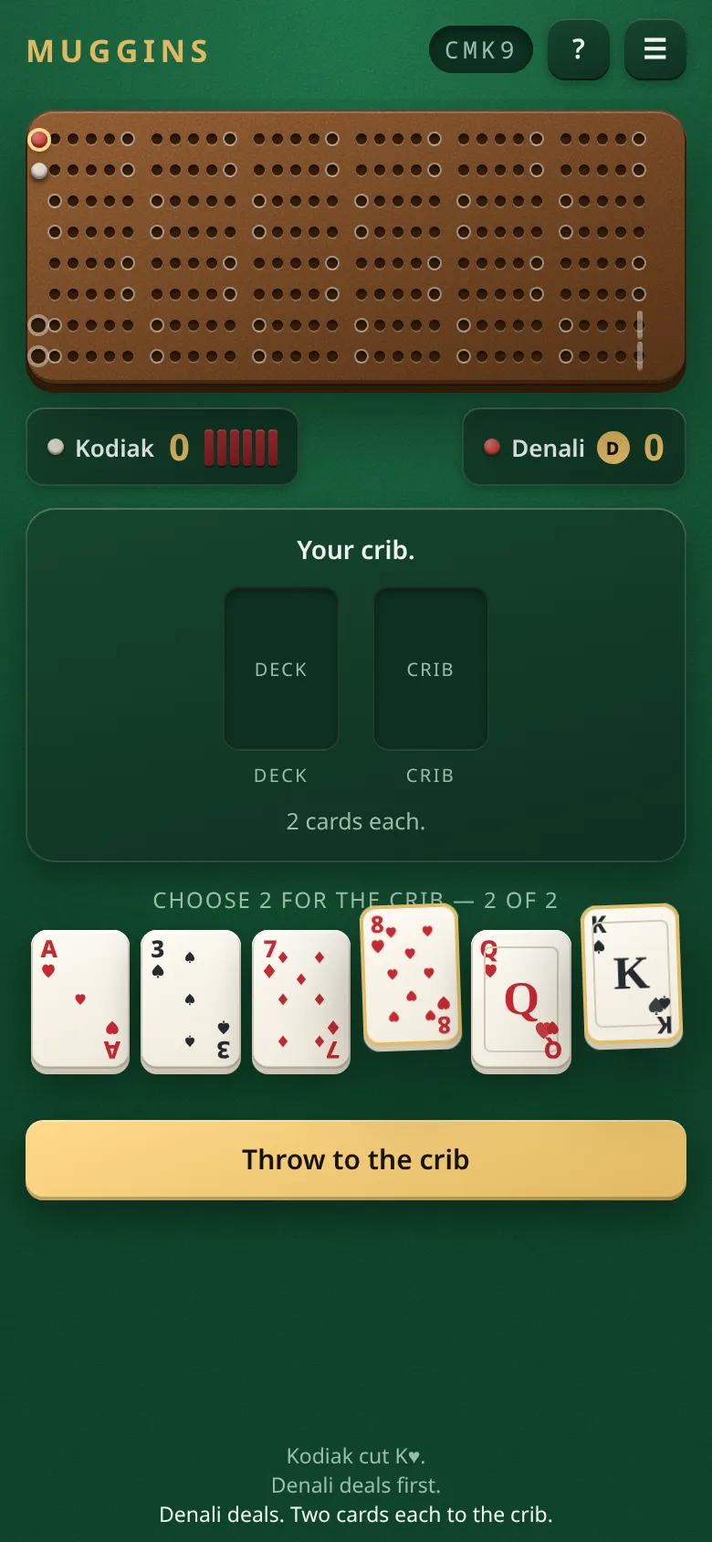 The same game on a phone, with two cards raised to throw to the crib.